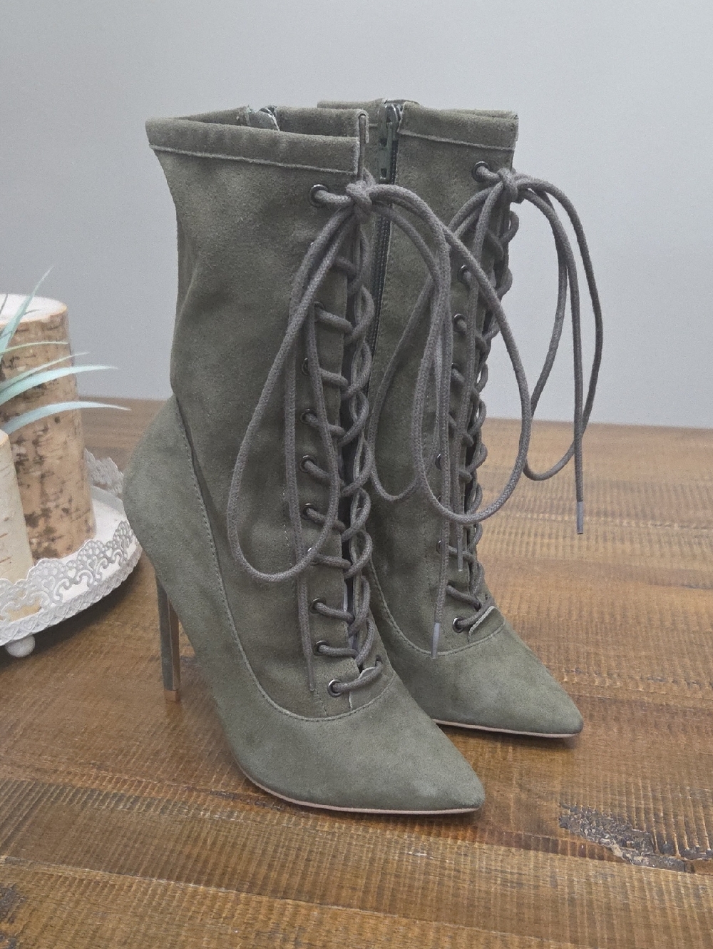 Steve Madden Olive Suede Lace-Up Stiletto Ankle Boots